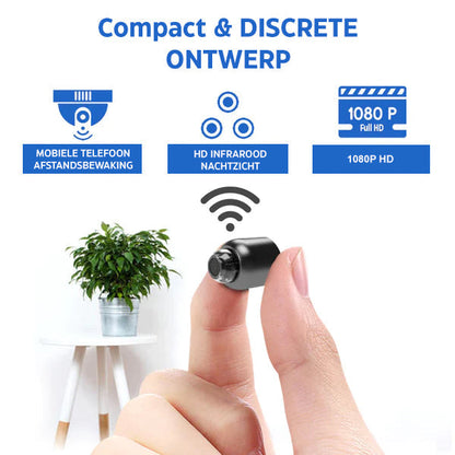 "Full HD compact onopvallende beveiligingscamera met 160° groothoeklens, wifi, nachtzicht en hoge videokwaliteit."