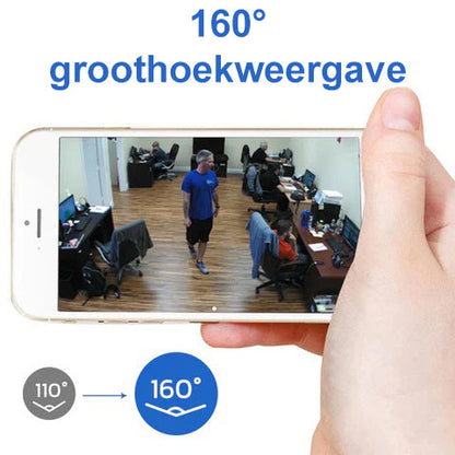 "Full HD compact onopvallende beveiligingscamera met 160° groothoeklens, wifi, nachtzicht en hoge videokwaliteit."