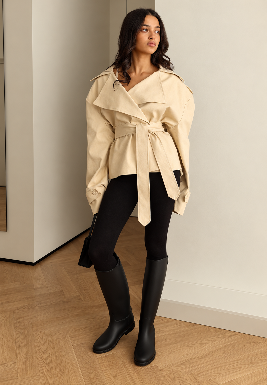 Moderne korte damesjas, trenchcoat met ceintuur en reverskraag, essentieel voor stijlvolle vrouwenkleding.