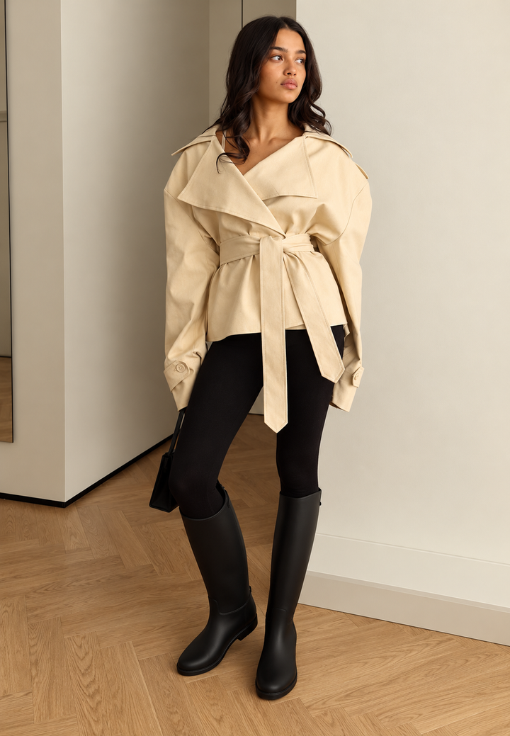 Moderne korte damesjas, trenchcoat met ceintuur en reverskraag, essentieel voor stijlvolle vrouwenkleding.