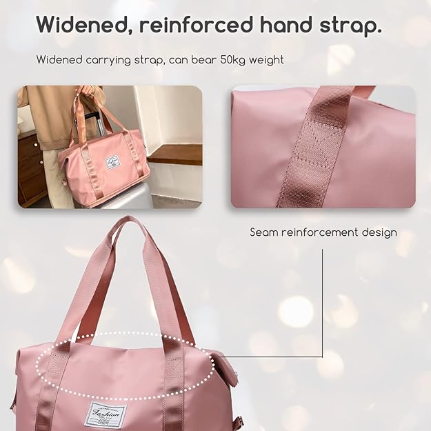 Achterkant van de waterbestendige reistas voor dames, met trolleyband voor bagage.