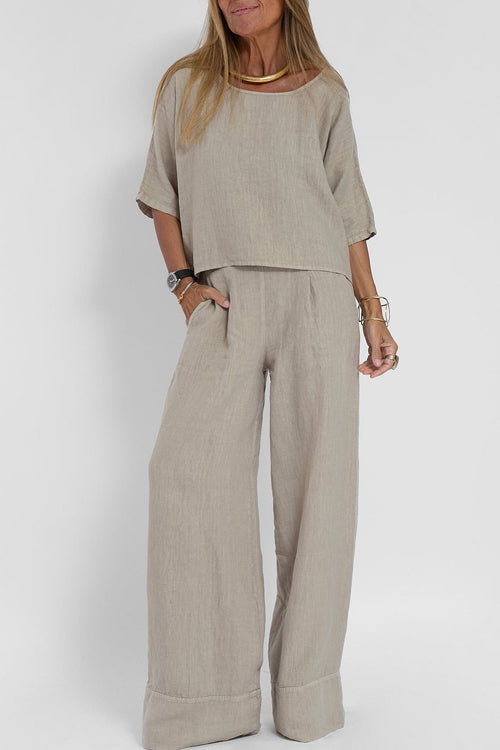 Modieuze tweedelige set met wijde broek voor dames; een luchtige en veelzijdige lente/zomer outfit.