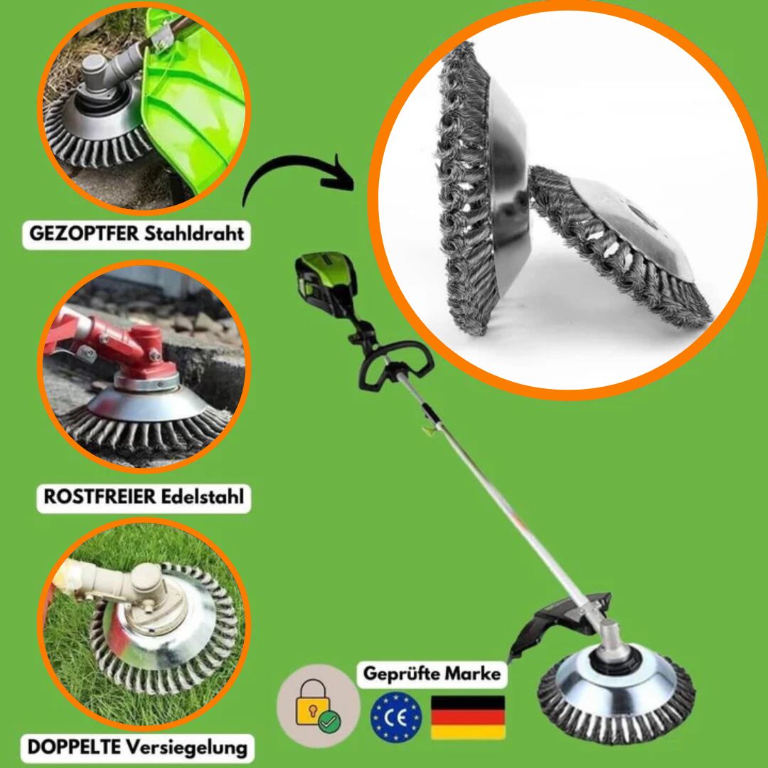 Tuinreiniging met krachtige onkruidschijf, stalen borstel speciaal voor grastrimmer tuingereedschap.