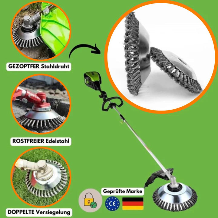 Tuinreiniging met krachtige onkruidschijf, stalen borstel speciaal voor grastrimmer tuingereedschap.