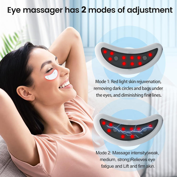 Oogzone massager met rode lichttherapie en microstroming voor vermindering van wallen en kringen.