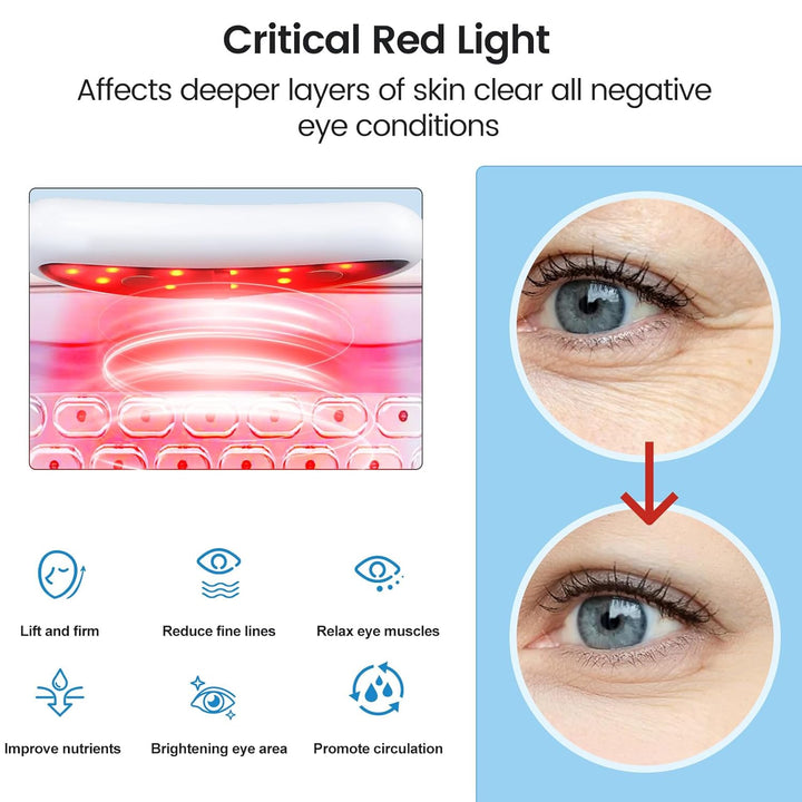 Anti-aging schoonheidsapparaat met rood licht voor de oogzone, effectief tegen wallen en donkere kringen.