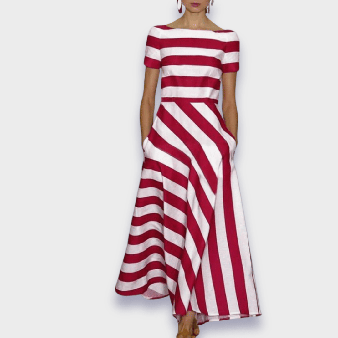 Dames gestreepte A-lijn midi jurk met flatterend silhouet, ideaal voor een elegante casual zomerlook.