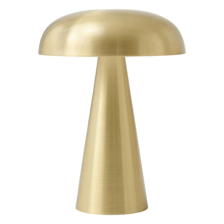 Elegante bronzen/gouden draadloze ShroomLite tafellamp, oplaadbaar met warm wit sfeerlicht. Modern design.