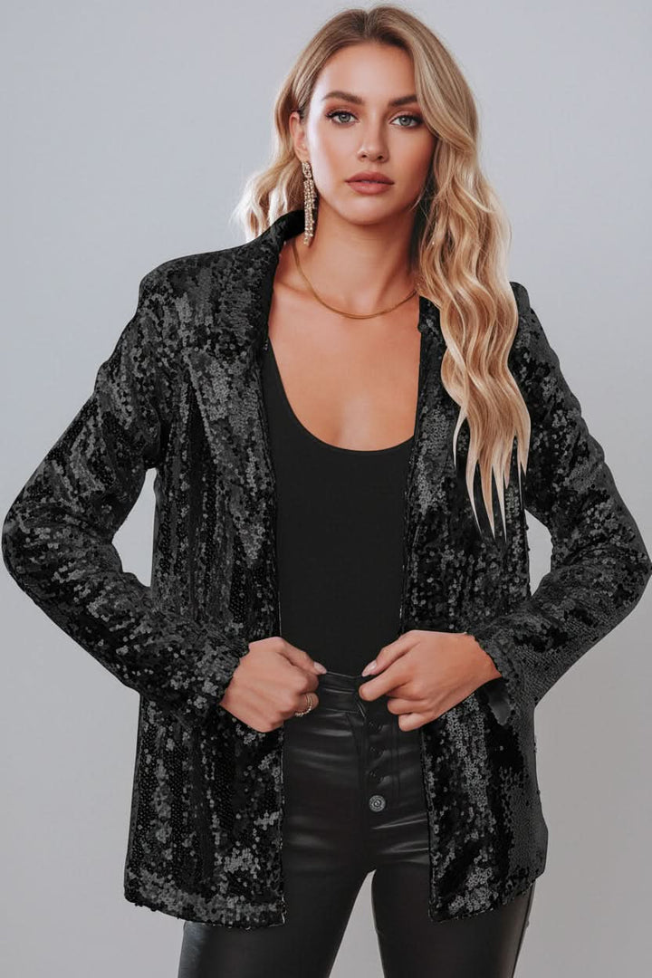 Feestelijke damesblazer van pailletten, perfect als chique avondkleding of voor sprankelende gelegenheden.