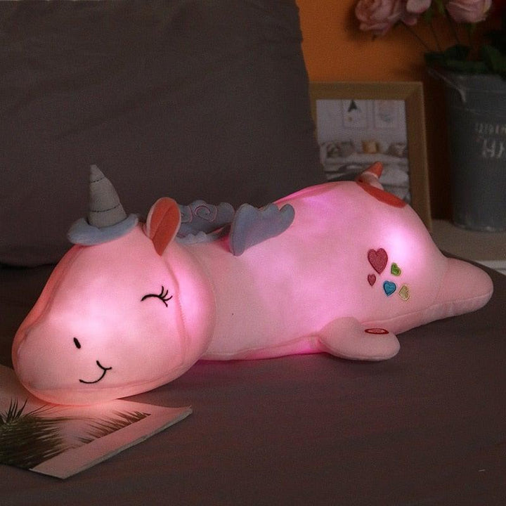 Zacht pluche eenhoorn knuffel met LED licht, ideaal als magisch nachtlampje en speelgoed voor kinderen.