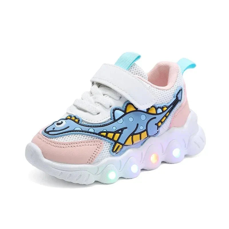 Lichtgevende dino sneakers voor kinderen. Speelse kinderschoenen voor jongens en meisjes, perfect voor actieve kleuters.