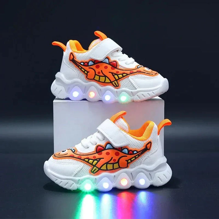 Roze lichtgevende dino kindersneakers. Zachte en speelse schoenen voor meisjes, perfect voor elk seizoen.