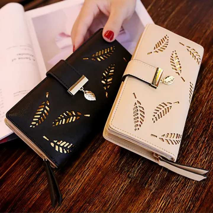 Duurzame PU leren dames portemonnee met uniek gouden blad motief, modern en ruim.