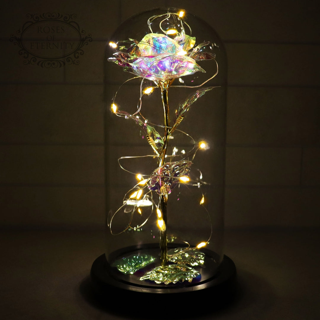 Betoverende eeuwigheidsroos decoratie met LED-verlichting onder een transparante glazen stolp.
