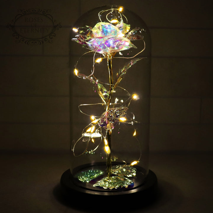 Betoverende eeuwigheidsroos decoratie met LED-verlichting onder een transparante glazen stolp.