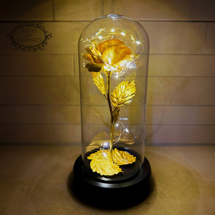 Een gouden eeuwigheidsroos onder glazen stolp, sfeervol verlicht met LED, een prachtig cadeau.