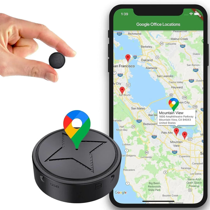 Compacte GPS tracker Mayer voor real-time locatiebepaling van voertuigen en waardevolle zaken; klein en discreet.