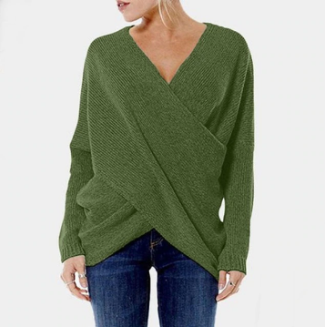 Grijze casual Criss Cross trui voor dames, met V-hals en lange mouwen. Ideale damestop voor herfst.