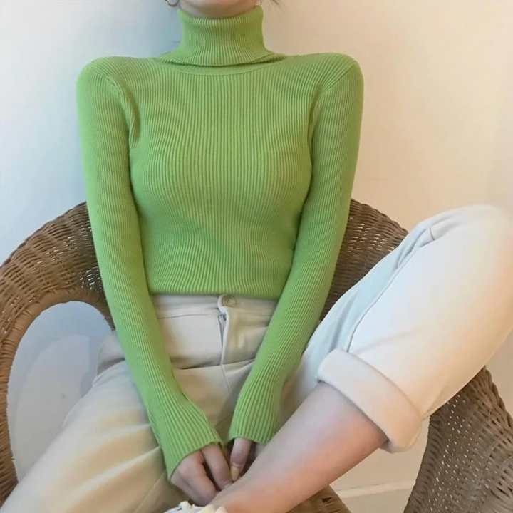 Veelzijdige effen dames trui, kasjmierlook, met warme col en lange mouwen.