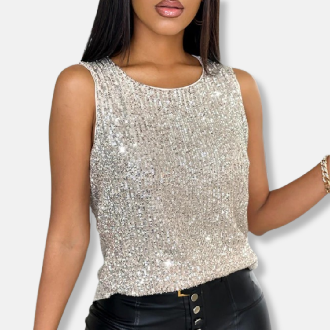 Elegante witte dames sequin top, mouwloos, voor een schitterende feestoutfit of glamour avond. Damesmode.