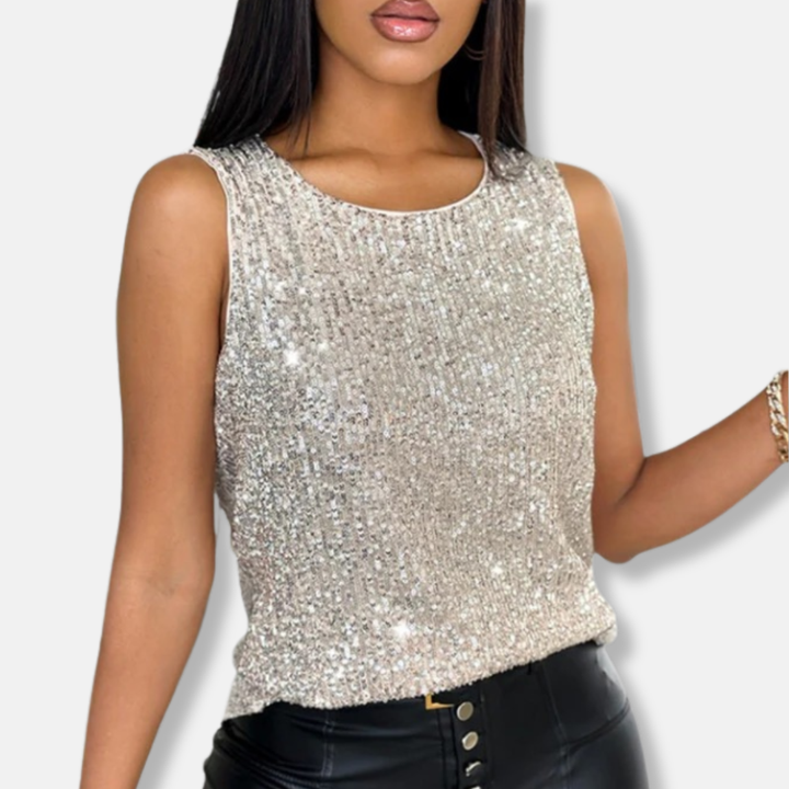 Elegante witte dames sequin top, mouwloos, voor een schitterende feestoutfit of glamour avond. Damesmode.