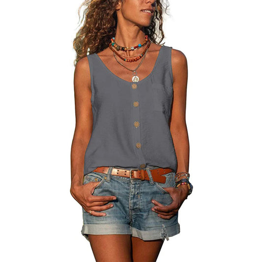 "Grijze zomerse mouwloze top dames, elegant en comfortabel design met borduursels en knopen, licht en veelzijdig."
