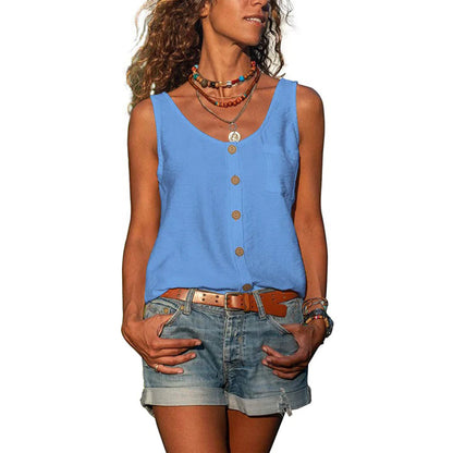 "Grijze zomerse mouwloze top dames, elegant en comfortabel design met borduursels en knopen, licht en veelzijdig."