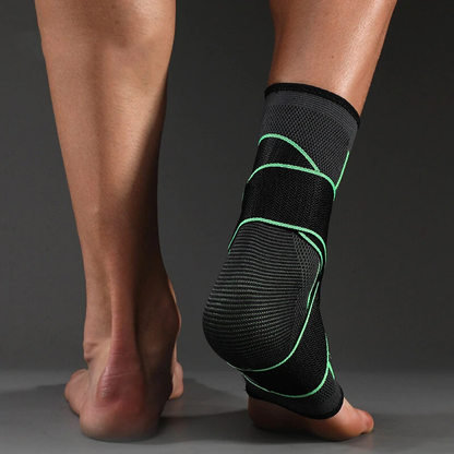 "Groene enkelcompressiebandage, verstelbare pasvorm, ademend materiaal voor optimale pijnverlichting en ondersteuning."