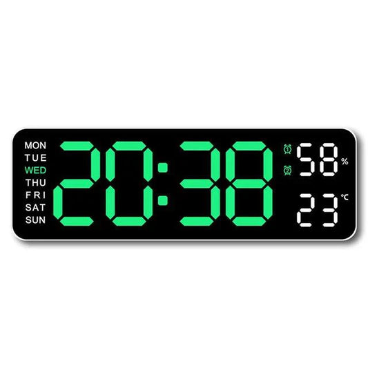 "Grote digitale wekker met multifunctioneel display, toont tijd, temperatuur en vochtigheid. USB-voeding, slank ontwerp."
