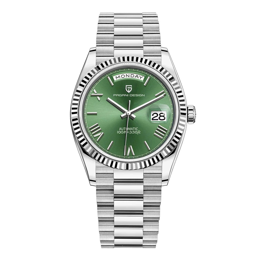 Stijlvol automatisch herenhorloge met metallic glans, vangt het licht perfect. Luxe uitstraling.