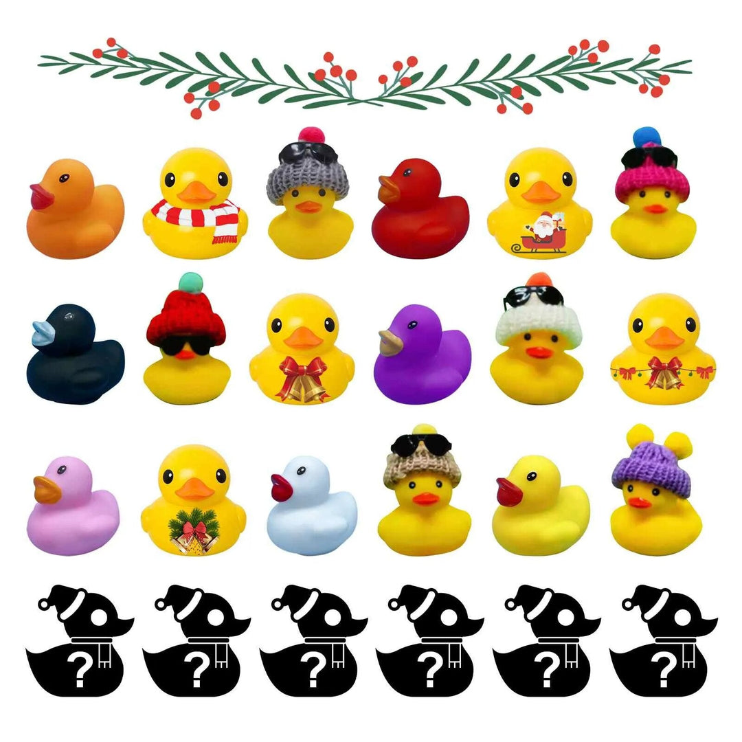 Diverse badeendjes in een speciale adventskalender 2025, een verzameling speelgoed voor jonge kinderen.