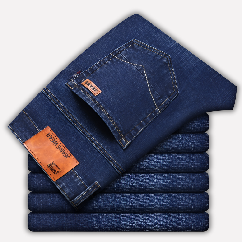 Detail van de duurzame stof van deze heren jeans met rechte pijpen, voor langdurig comfort.