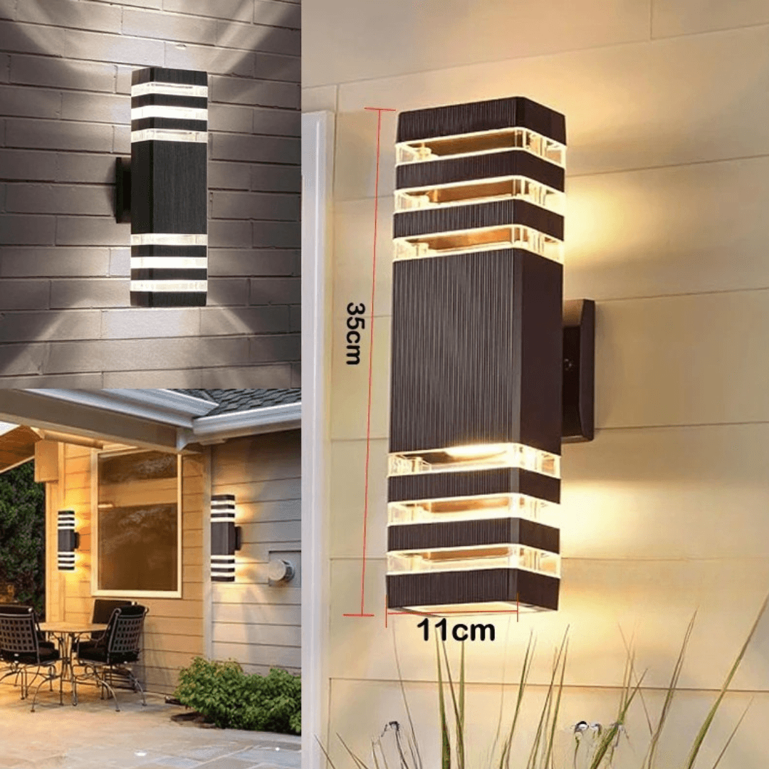 Duurzame LED buitenwandlamp met up-down licht, perfect voor optimale buitenverlichting langs paden of muren.