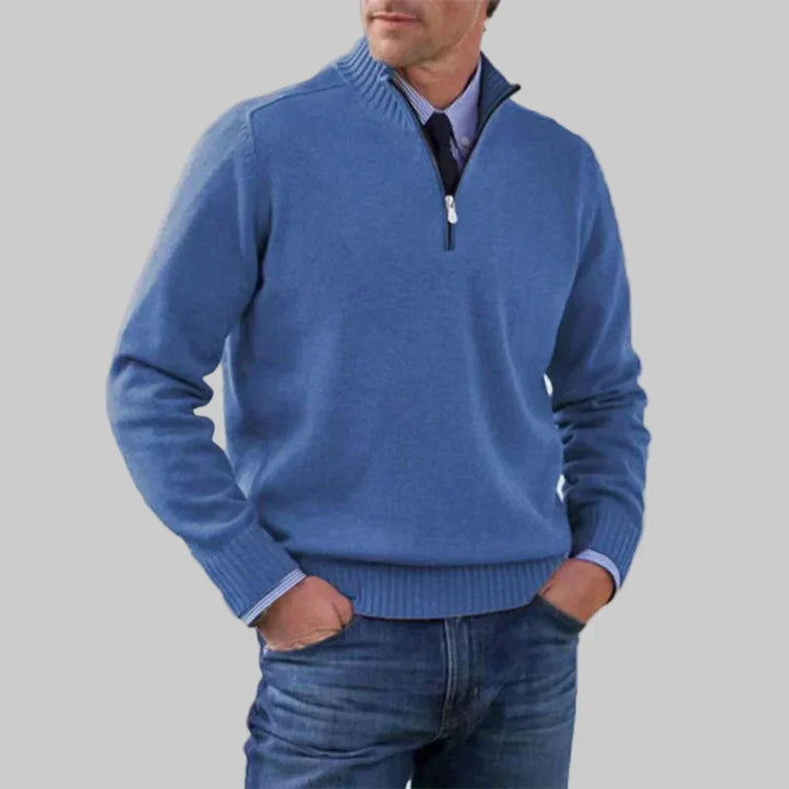 Grijze heren gebreide sweater met halve rits, zacht en warm, perfect als comfortabele bovenkleding.