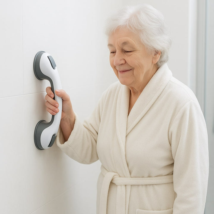 Handige steunbeugel badkamer zonder boren, eenvoudig te bevestigen met zuignappen voor directe veiligheid.