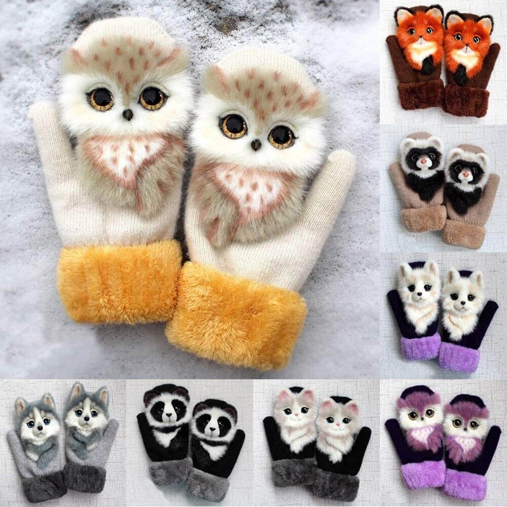 Collectie handgebreide dierenwanten: panda, kat, husky, beer. Warm & schattig voor dames & meisjes.