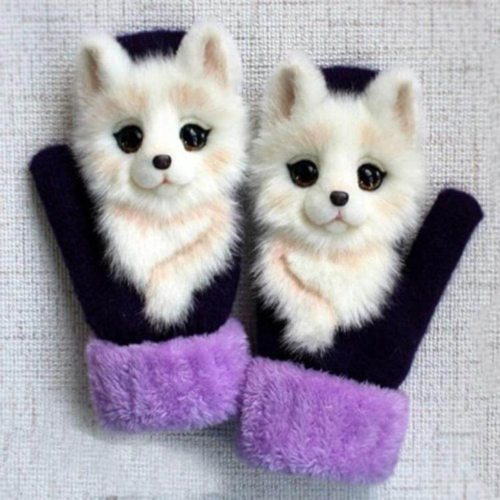 Zachte handgebreide husky dierenwanten. Warme & unieke winteraccessoire voor dames & meisjes.