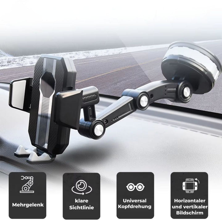 Stabiele autohouder voor smartphone, eenvoudig te bevestigen met zuignap en 360° draaibaar.