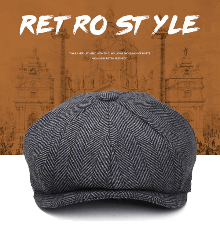 Klassieke unisex tweed flatcap, tijdloze Ierse wollen hoed in grijsbruin patroon.