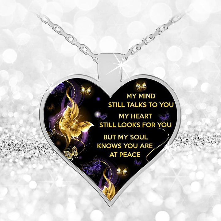 Gouden herdenkings sieraad, hartvormige hanger 'My Mind Still Talks To You', unisex ketting voor herinnering.