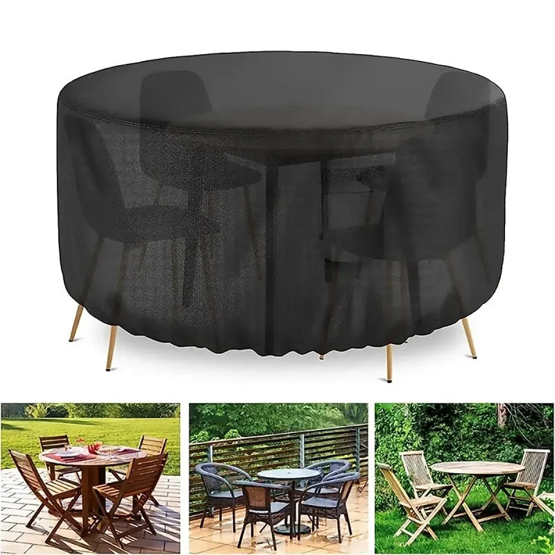 Ronde tuinmeubelhoes met dubbele stiksels en ventilatie; robuuste bescherming voor buiten.