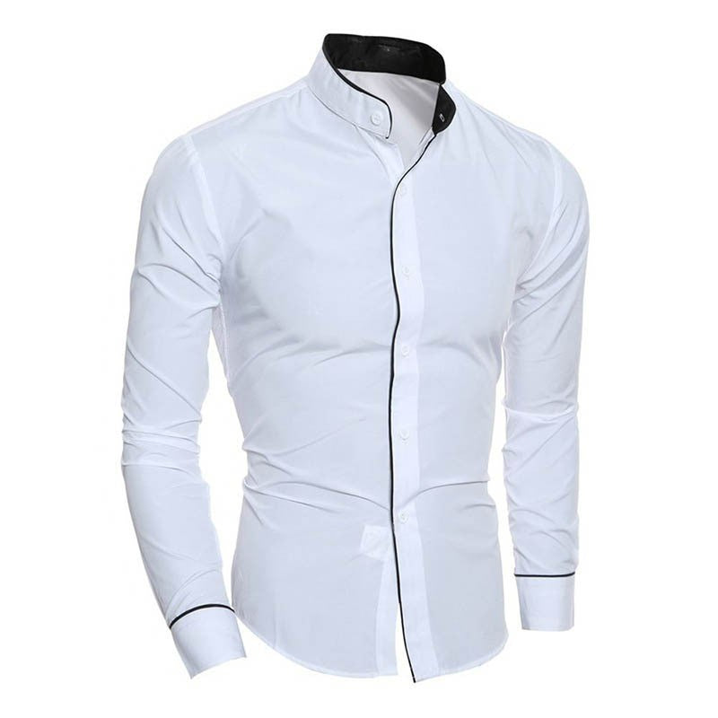 Trendy heren slim-fit overhemd met staande kraag, comfortabel voor diverse gelegenheden in moderne herenmode.