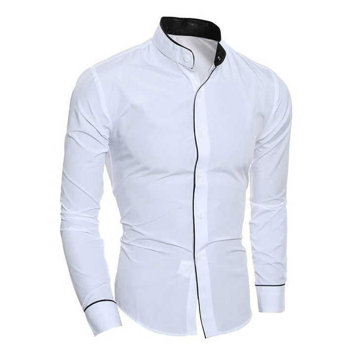 Trendy heren slim-fit overhemd met staande kraag, comfortabel voor diverse gelegenheden in moderne herenmode.
