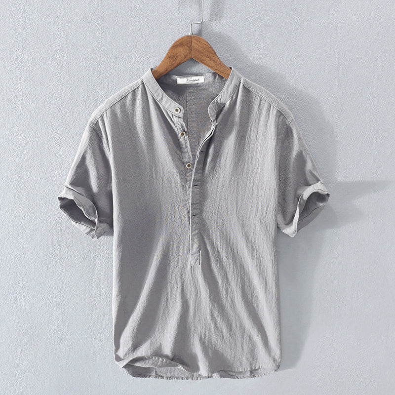 Casual heren henley shirt met korte mouwen en bandkraag, ideaal voor de zomer.