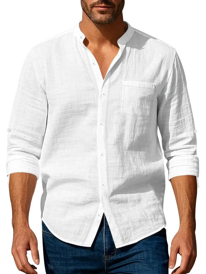 Stijlvol herenoverhemd met bandkraag, lange mouwen en regular fit. Perfect voor een moderne, casual look.