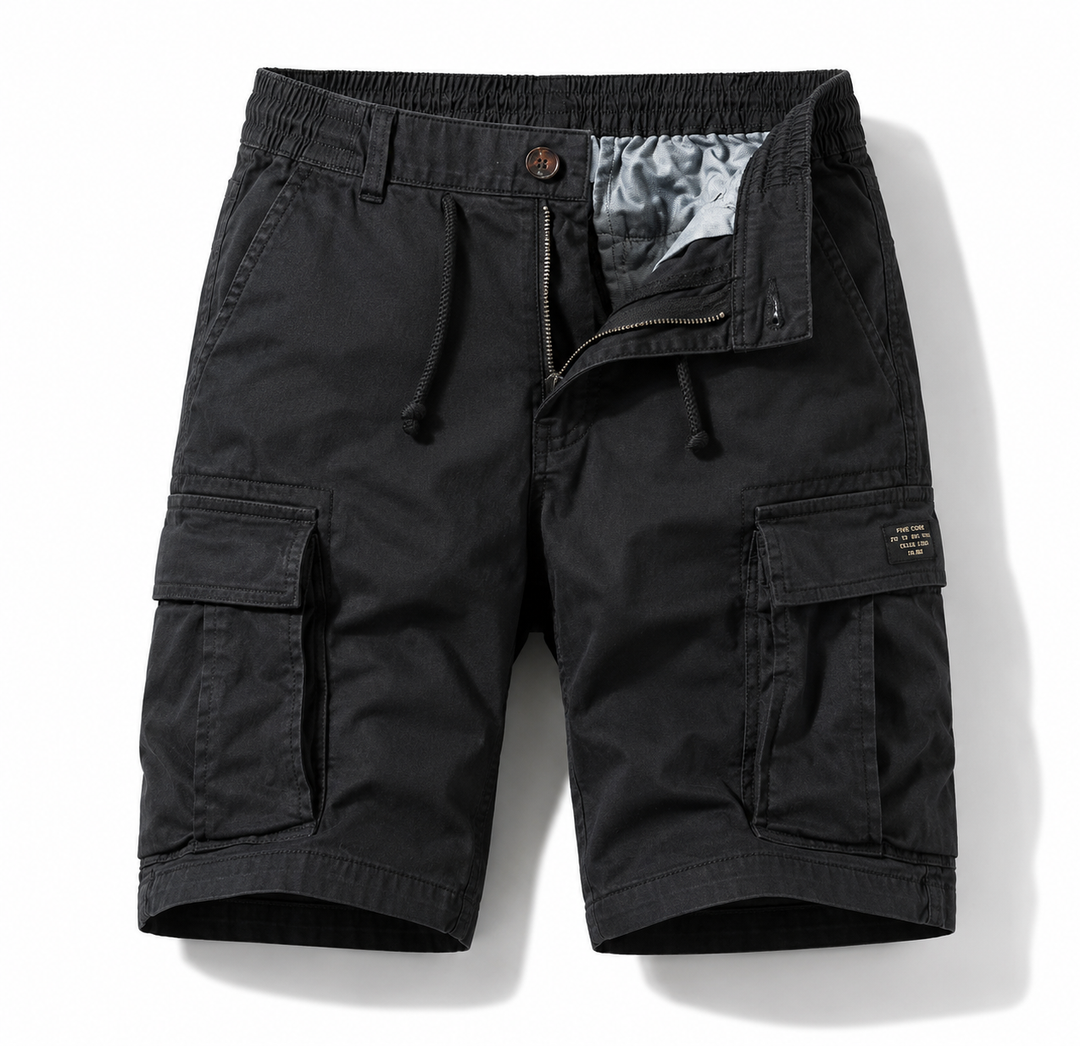 Zwarte comfortabele heren cargo shorts met elastische tailleband. Ideaal voor een casual look en praktisch voor dagelijks gebruik.