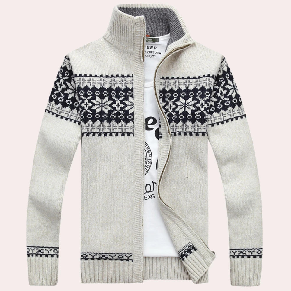 Fair Isle heren cardigan met rits, een tijdloos wintervest voor heren met een oog voor klassieke mode.