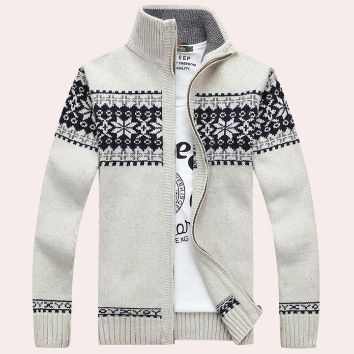 Fair Isle heren cardigan met rits, een tijdloos wintervest voor heren met een oog voor klassieke mode.