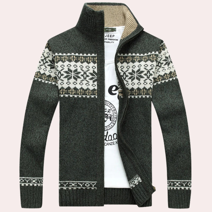 Klassiek Fair Isle herenvest met rits, warm en stijlvol, perfect voor een comfortabele winterse outfit.