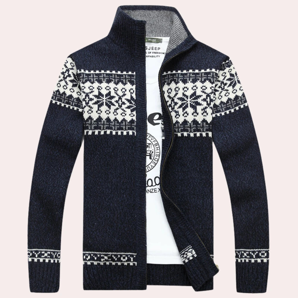 Heren Fair Isle cardigan met rits in klassiek patroon, warm wintervest voor stijlvolle herenmode.